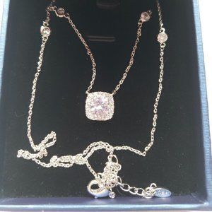 SBLING Platinum Plated Cubic Zirconia/Swarovski Cushion Shape Halo Pendant